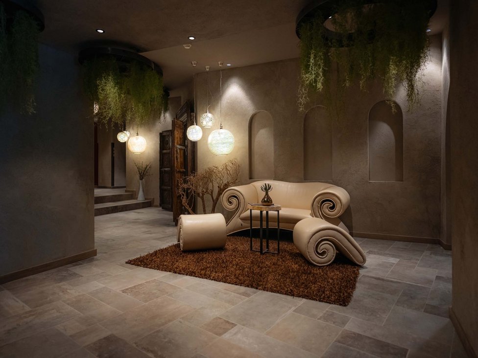 Elegantes Wohnzimmer mit einzigartigem Sofa, Teppich und hängenden Pflanzen