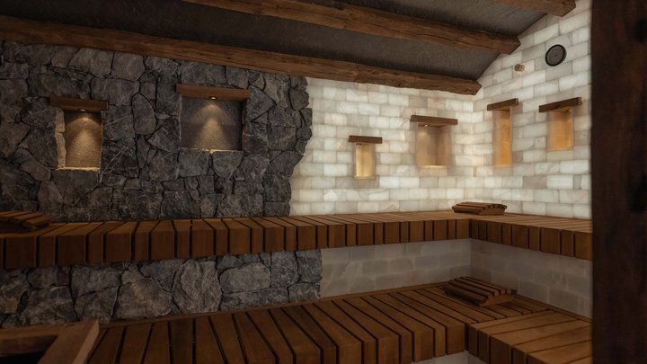 Innenraum einer Sauna mit Holzbänken und beleuchteten Steinwänden