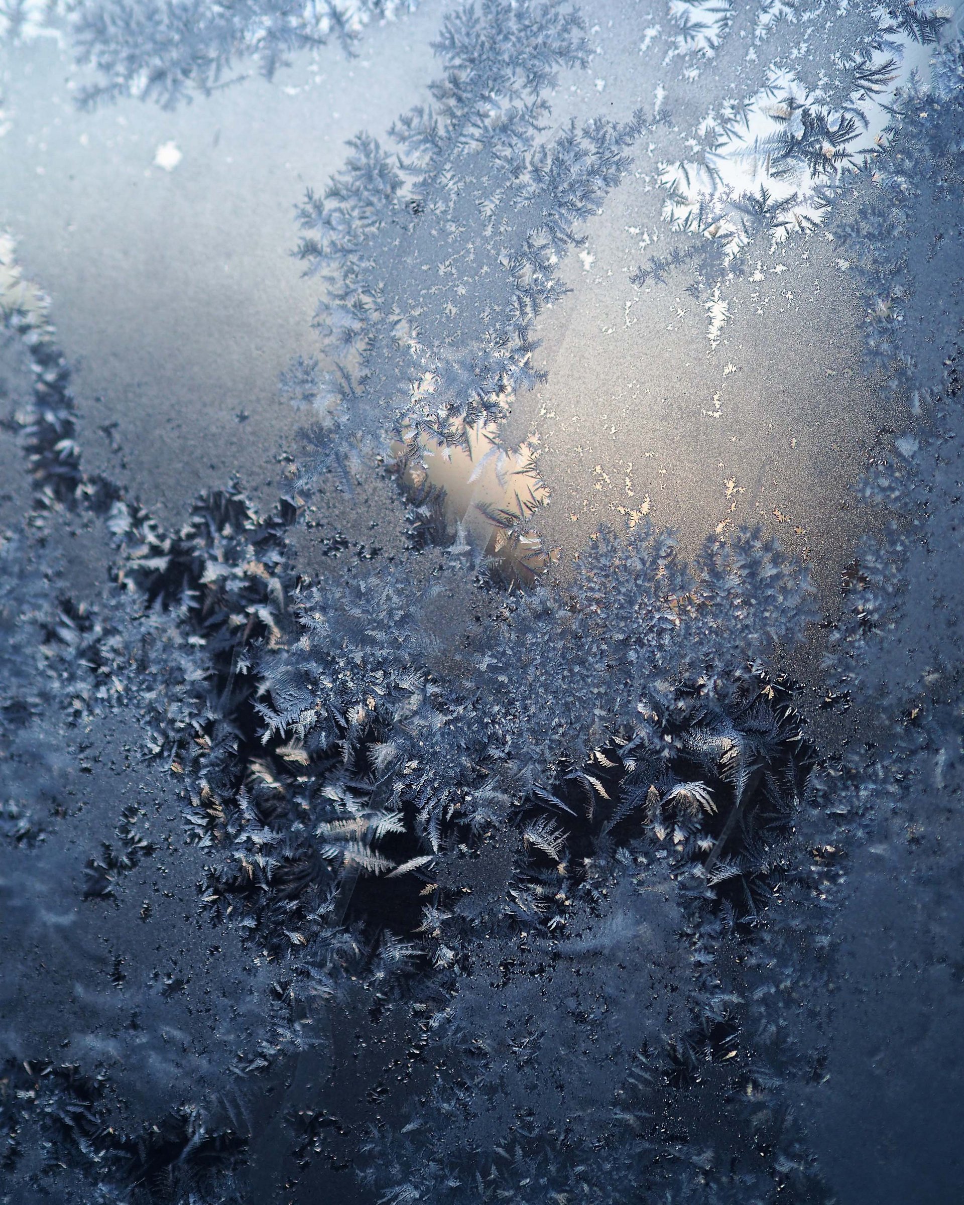 Nahaufnahme von Frostmustern auf einer Fensterscheibe