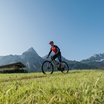 Mann fährt Mountainbike auf einer Wiese mit Bergkulisse bei klarem Himmel