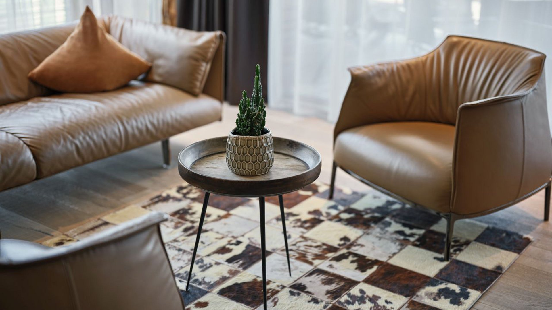 Wohnzimmer mit braunen Ledermöbeln und kleinem Tisch mit Pflanze