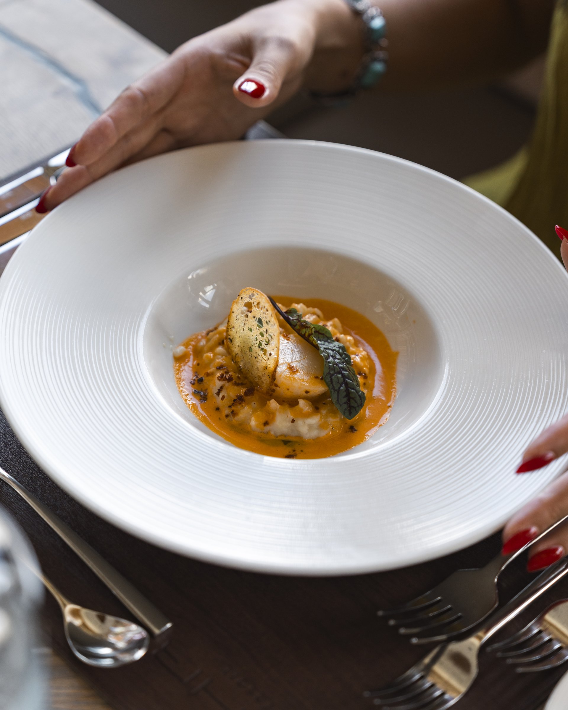 Gourmetgericht mit Sauce, Gemüse und knuspriger Beilage auf weißem Teller
