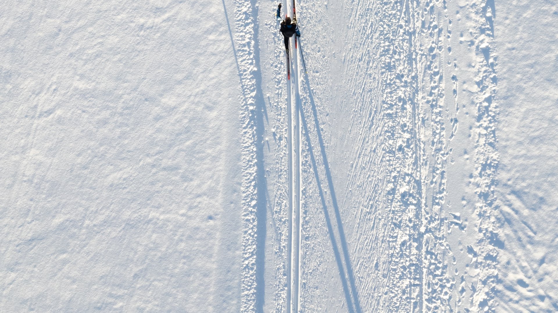Zwei Personen fahren Skilanglauf im frischen Schnee von oben gesehen
